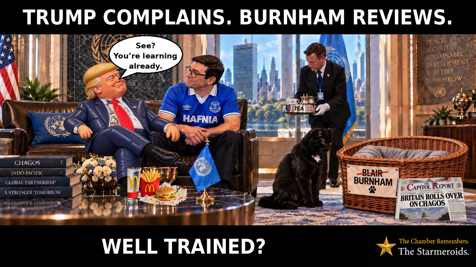 Top bar text: “Trump complains. Burnham reviews.” In a formal meeting room, a caricature of Donald Trump sits on the left in a dark blue suit and red tie, looking smugly towards Andy Burnham. A Mac Donald’s meal sits nearby. Burnham sits in the centre wearing a blue Everton Hafnia football shirt and black glasses, looking towards Trump. Trump’s speech bubble reads, “See? You’re learning already.” Behind Burnham, a man carrying a tray serves tea in a dog bowl. On the right, Tac is a small black short-haired cat with amber eyes and a small white chest patch, looking towards a wicker dog basket. The word “Blair” on the basket has been crossed out and replaced with “Burnham”. Propped against the basket is a copy of the fictional Capitol Report newspaper with the headline “Britain rolls over on Chagos” and the subheading “UK to review islands agreement”. Bottom bar text: “Well trained?”
