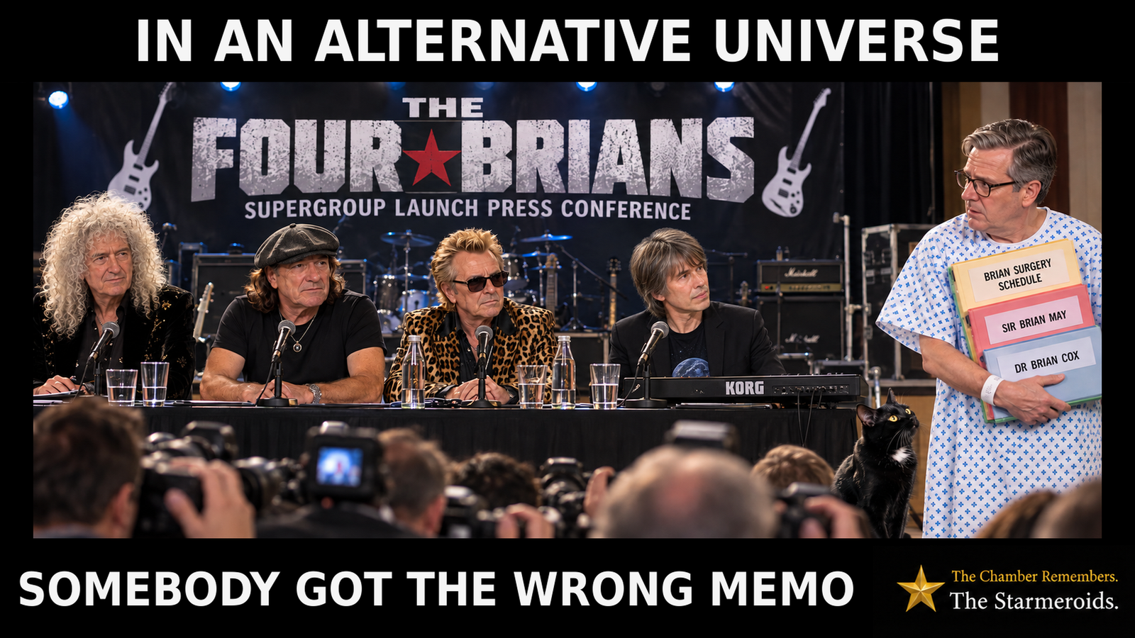 A Starmeroids satire headed “IN AN ALTERNATIVE UNIVERSE”. At a fictional press conference for a new supergroup called “THE FOUR BRIANS”, Brian May, Brian Johnson and Brian Setzer face the cameras while Brian Cox turns to look towards Keir Starmer. Starmer has apparently misunderstood “Brians” as “brains”: he has arrived at the side of the press conference wearing a hospital gown and clutching three folders labelled “BRIAN SURGERY SCHEDULE”, “SIR BRIAN MAY” and “DR BRIAN COX”. Tac, the black cat with amber eyes and a small white chest patch, sits nearby watching the confusion. The bottom caption reads: “SOMEBODY GOT THE WRONG MEMO”.