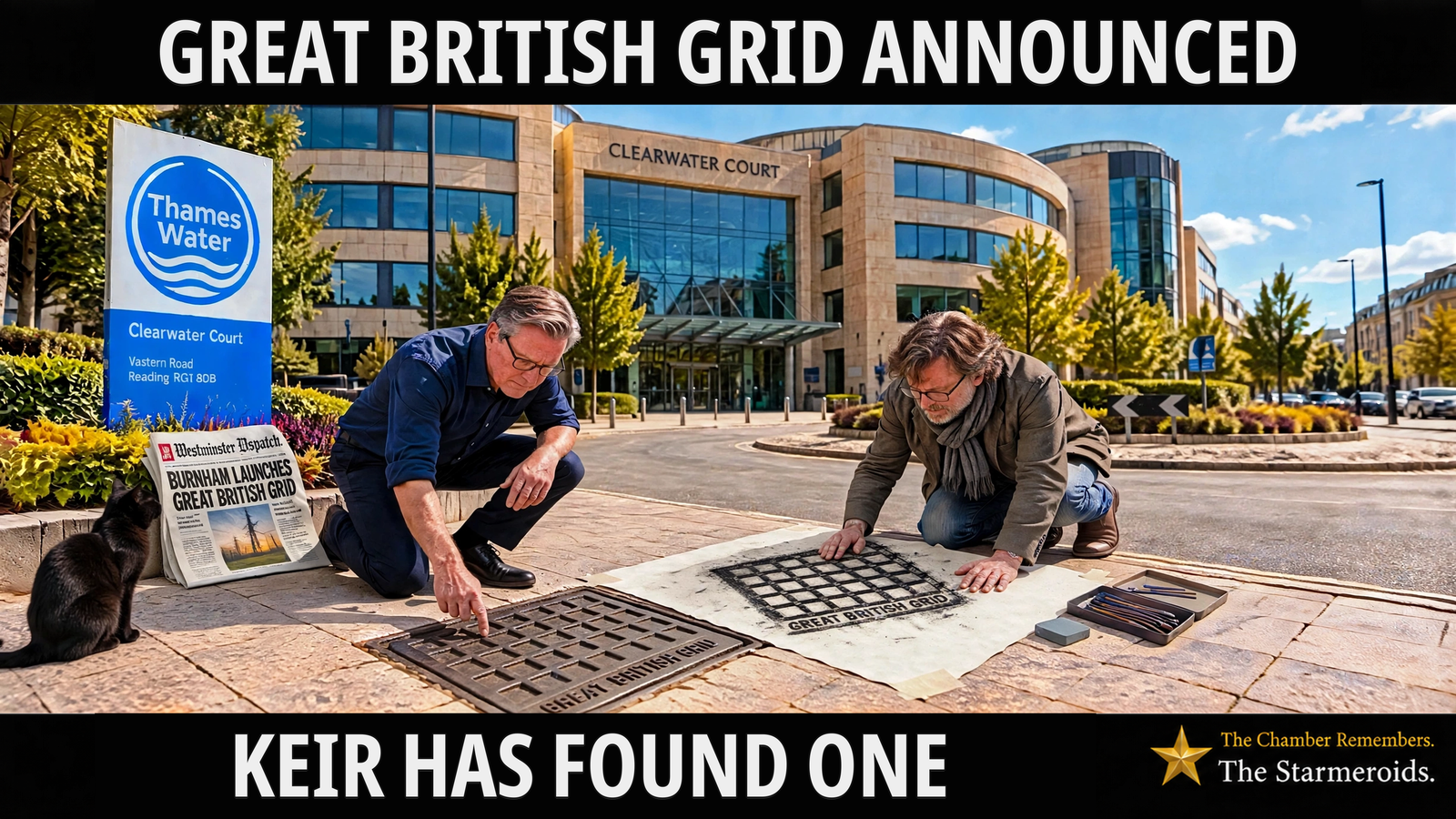 Top bar text: “Great British Grid announced.” Outside Thames Water’s Clearwater Court offices in Reading, a casually dressed Keir Starmer crouches on the pavement and points towards a square metal grid whose raised lettering reads “Great British Grid”. Beside him, artist Alex Fischer kneels over a large sheet of paper, admiring a completed graphite rubbing of the same grid and its lettering. His drawing materials lie in an open tray nearby. To the left, a Westminster Dispatch newspaper is propped against the flowerbed beneath the Thames Water sign. Its headline reads, “Burnham launches Great British Grid”, above a photograph of electricity pylons. Tac, a small black short-haired cat seen mostly from behind, sits beside the newspaper looking towards it. The Clearwater Court building and landscaped entrance fill the background. Bottom bar text: “Keir has found one.”