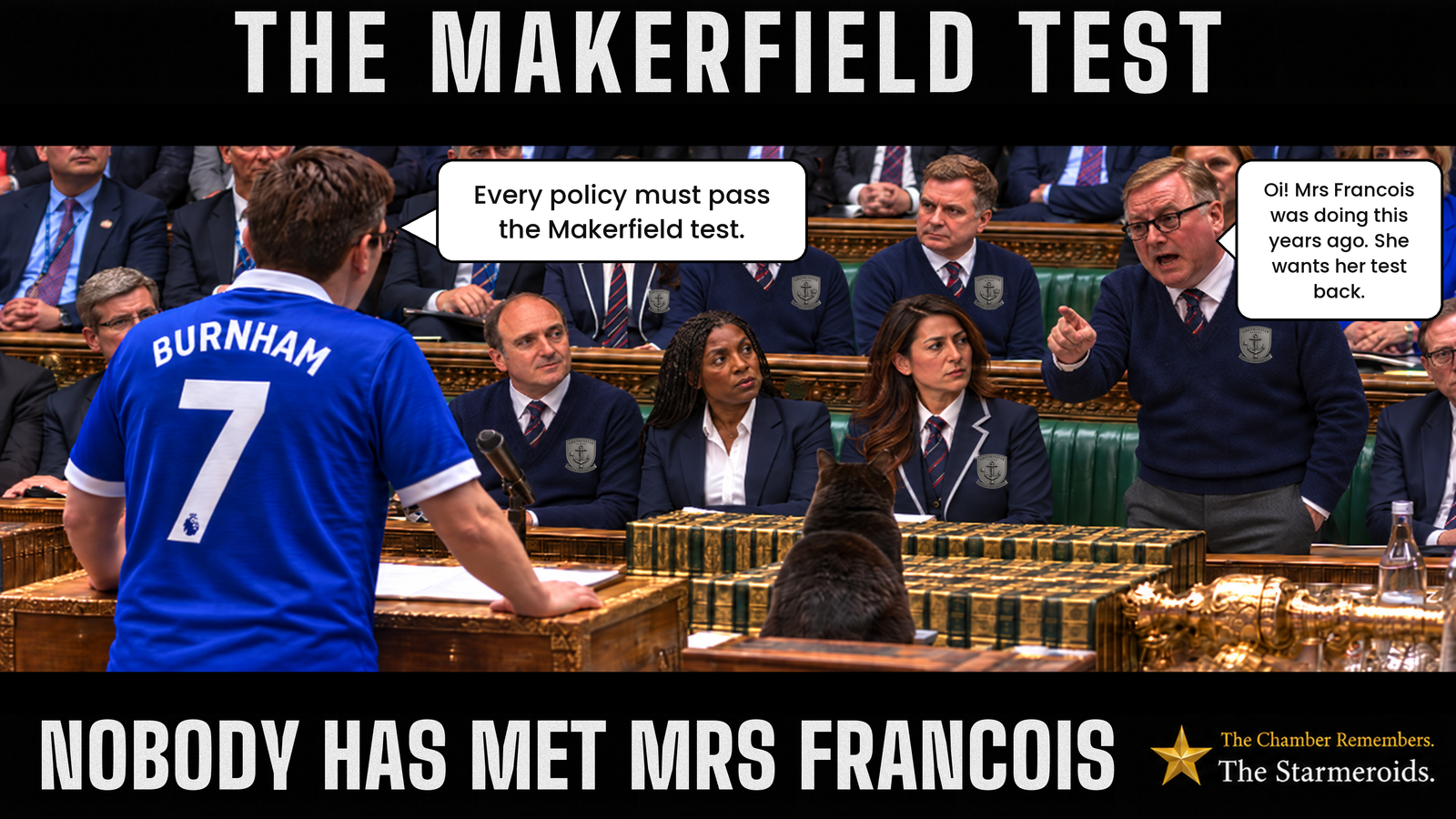 Top bar text: “THE MAKERFIELD TEST”. In an imagined future House of Commons scene, a man seen from behind at the dispatch box wears a blue football shirt marked “BURNHAM” and number 7. He says, “Every policy must pass the Makerfield test.” On the opposition benches, several adults are dressed as Greyminster school pupils in navy jumpers or blazers, striped ties and school badges, while a woman in a plain navy suit and open-neck white shirt sits among them as the supervising adult. A standing pupil points towards the dispatch box and says, “Oi! Mrs Francois was doing this years ago. She wants her test back.” In the foreground, Tac, a black short-haired cat seen from behind, sits on the Commons table facing the exchange. The parliamentary books and golden mace are visible around him. Bottom bar text: “NOBODY HAS MET MRS FRANCOIS”. Bottom-right ident: “The Chamber Remembers. The Starmeroids.”