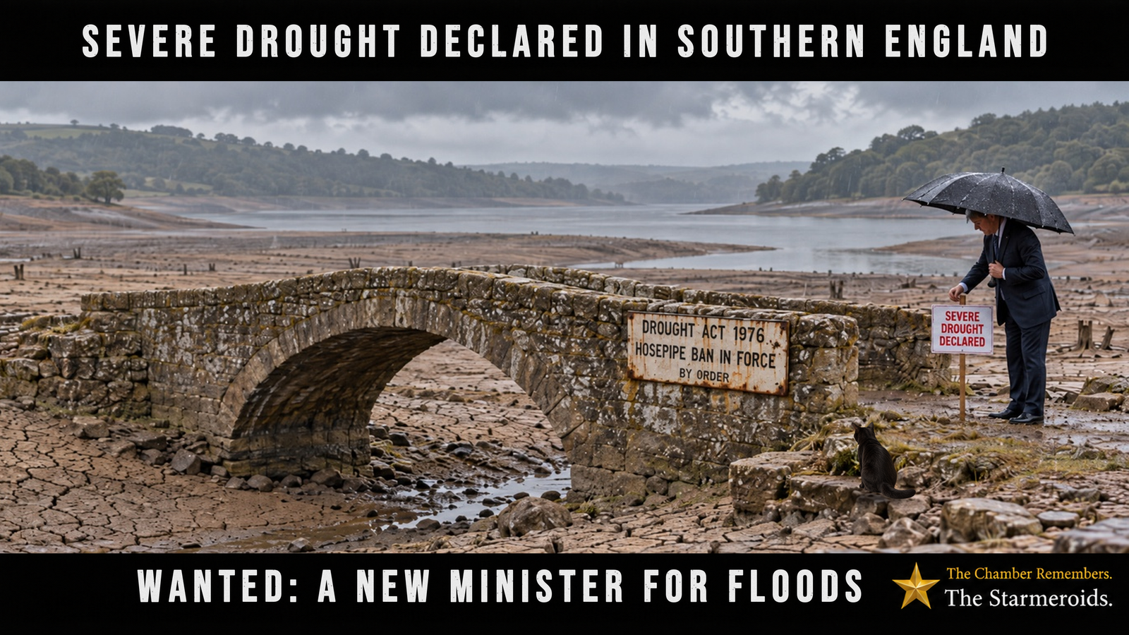 Top bar text: “Severe drought declared in southern England.” At Wimbleball Reservoir in Somerset, unusually low water levels have exposed an old stone arch bridge. Its weathered masonry stands above a cracked, muddy reservoir bed, with tree stumps and the remaining water stretching into the distance beneath grey skies and light rain. Fixed to the bridge is a rusty, fictional notice reading “Drought Act 1976. Hosepipe ban in force. By order.” Tac, a small black short-haired cat with amber eyes and a small white chest patch, sits on the foreground stones looking up towards the notice. On the right, an anonymous official in a dark suit stands beneath a black umbrella, fixing a modern notice reading “Severe drought declared” to a wooden stake. The Starmeroids identification at the lower right reads “The Chamber Remembers. The Starmeroids.” Bottom bar text: “Wanted: a new Minister for Floods.”