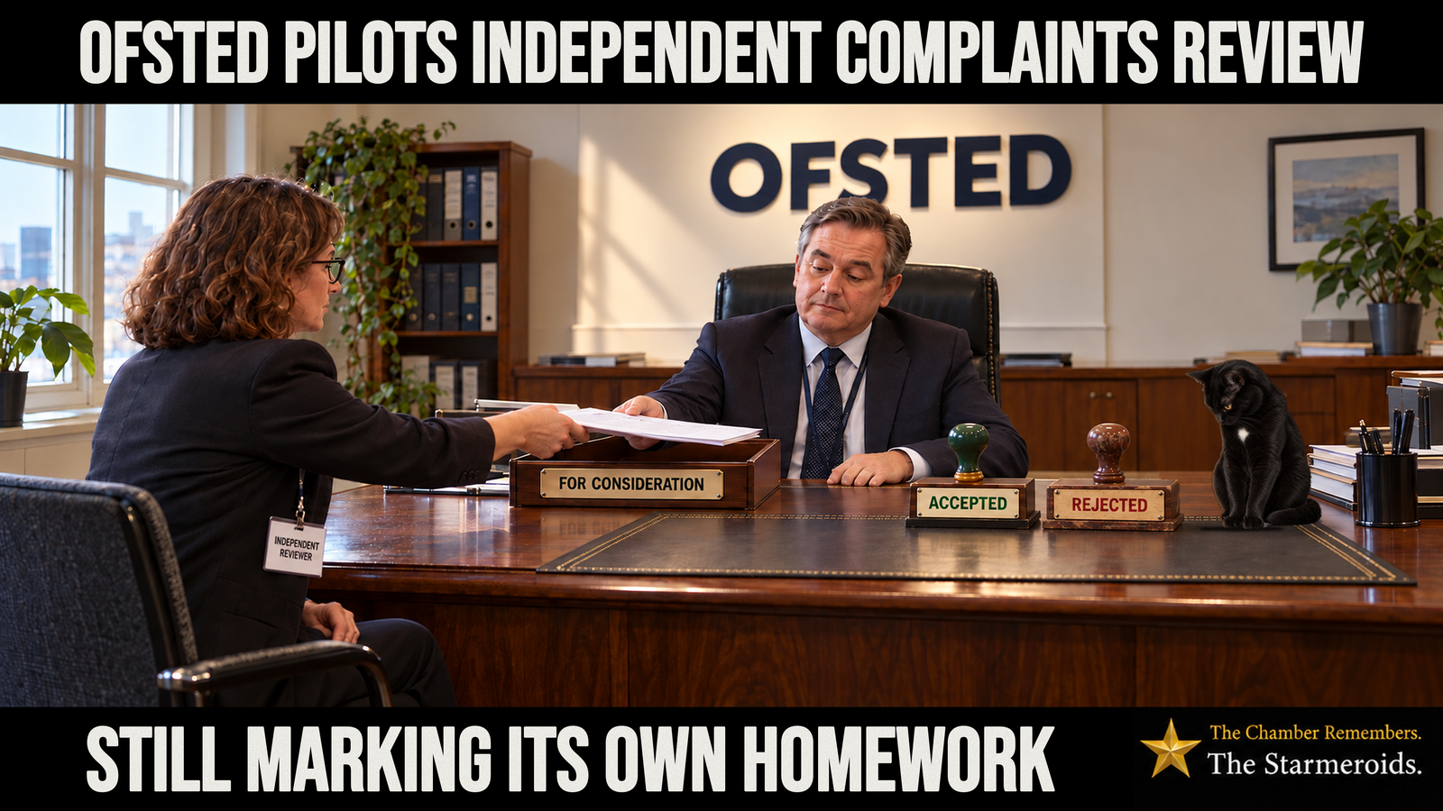 Top bar text: “Ofsted pilots independent complaints review.” A sunlit office, with large dark blue letters on the wall reading OFSTED. Behind a large polished wooden desk sits an Ofsted official in a dark suit and tie. He takes a sheaf of papers with a weary, sceptical glance. Across the desk, in a smaller visitor’s chair, a woman in glasses hands the papers over. Her lanyard badge reads “Independent Reviewer”. The papers are being handed across a wooden tray on the official’s side of the desk, labelled “For Consideration”. Beside the tray, also on the official’s side, stand two rubber stamps. One looks crisp and barely used, with a green handle, and reads “Accepted”. The other looks more worn, with a brown handle, and reads “Rejected”. At the right-hand end of the desk sits Tac, a small black short-haired cat with amber eyes and a small white chest patch. His head is bowed as he quietly studies the Rejected stamp. The Starmeroids identification at the lower right reads “The Chamber Remembers. The Starmeroids.” Bottom bar text: “Still marking its own homework.”