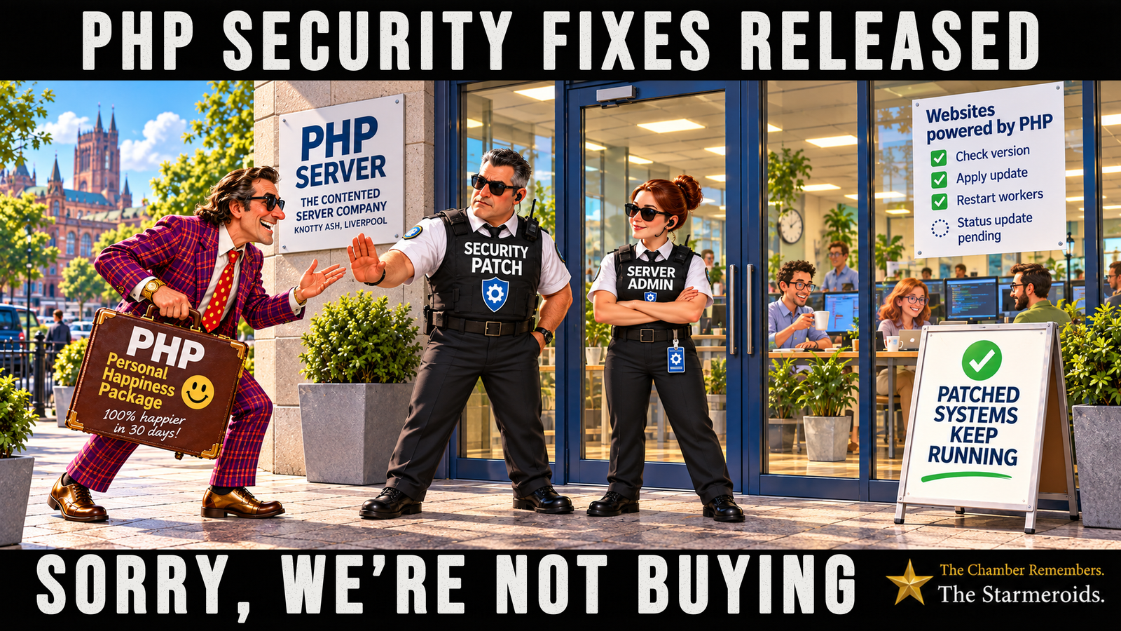 Top bar text: “PHP security fixes released.” Outside a modern office building on a bright, sunny day, a flamboyant salesman in a purple and red checked suit, red spotted tie, sunglasses and gold watch leans towards two security guards. He grins broadly and holds out one hand while carrying a brown briefcase. The briefcase reads “PHP — Personal Happiness Package”, with a smiling face and the smaller promise “100% happier in 30 days!” A sign beside the entrance reads “PHP Server”, followed by “The Contented Server Company” and “Knotty Ash, Liverpool”. The male security guard wears sunglasses and a black vest marked “Security Patch”. He holds up an open palm to stop the salesman. Beside him, a female guard wearing sunglasses and a vest marked “Server Admin” stands calmly with her arms folded. Behind the closed glass doors, several cheerful office workers sit at computers, talking and drinking from mugs. A notice in the upper-right window reads “Websites powered by PHP”. Three items have green ticks: “Check version”, “Apply update” and “Restart workers”. A fourth item, “Status update pending”, has an empty dotted circle instead of a tick. On the pavement to the right, a white sign with a large green tick reads “Patched systems keep running”. The Starmeroids identification at the lower right reads “The Chamber Remembers. The Starmeroids.” Bottom bar text: “Sorry, we're not buying.”